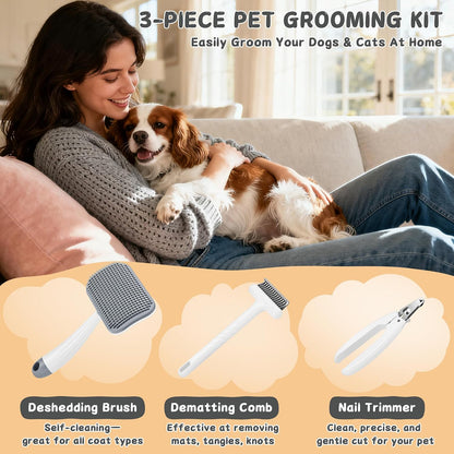 Brosse Chat & Chien Poil Long – Kit Toilettage 3 En 1 Avec Brosse Auto-Nettoyante, Peigne Démêloir & Coupe-Griffes – Soin Complet Anti-Mue Et Nœuds Pour Animaux
